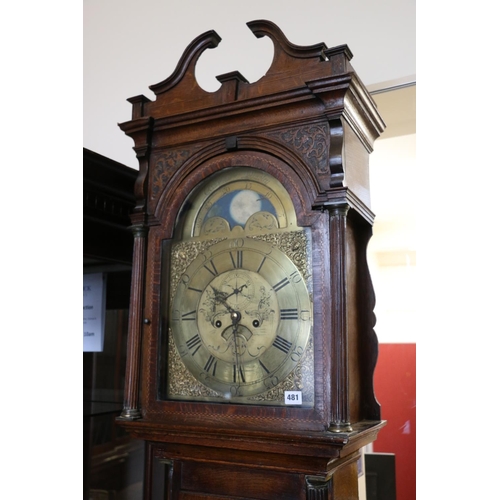 481 - Antique longcase Grandfather clock, the brass dial by Bagnall Dudley with rolling moon phase, subsid... 