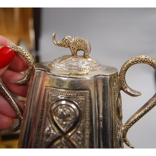 159 - Indian silver eleven-piece cabaret tea service, unmarked, comprising a pierced tray decorated with e... 