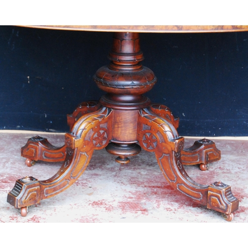 416 - Victorian burr walnut loo-type table, the oval top with snap action mechanism, on turned column and ... 