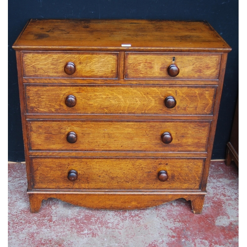 418 - Late Georgian stained wood chest of two short and three long graduated drawers, on bracket feet, 90c... 