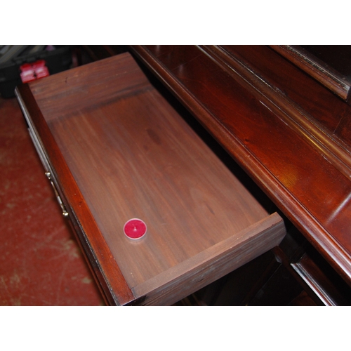 419 - Victorian-style mahogany four-door library bookcase, the dentil decorated cornice above four glazed ... 