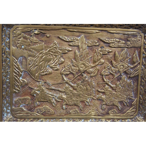 174 - Oriental brass tray (early part of the 20th century), probably Japanese, decorated with relief figur... 