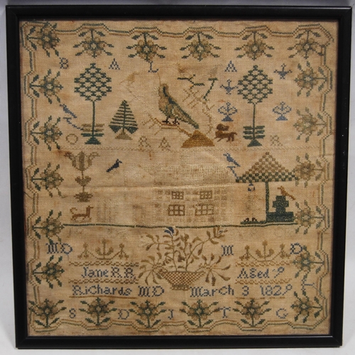 222 - George IV needlepoint sampler worked by Jane Richards, aged 9, March 3 1829, decorated with birds, h... 