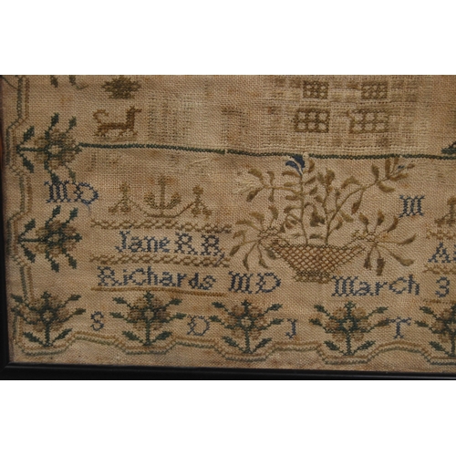 222 - George IV needlepoint sampler worked by Jane Richards, aged 9, March 3 1829, decorated with birds, h... 