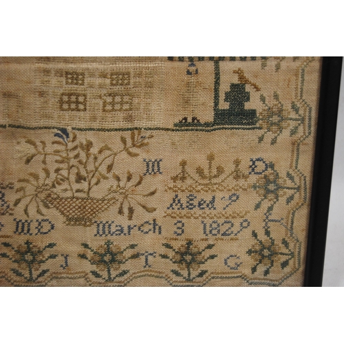 222 - George IV needlepoint sampler worked by Jane Richards, aged 9, March 3 1829, decorated with birds, h... 