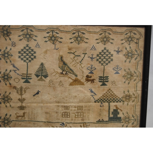 222 - George IV needlepoint sampler worked by Jane Richards, aged 9, March 3 1829, decorated with birds, h... 