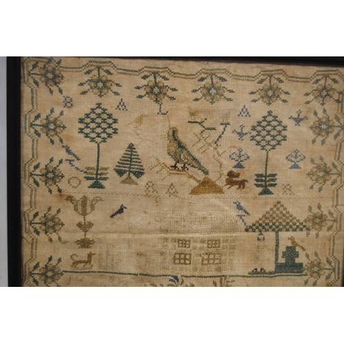 222 - George IV needlepoint sampler worked by Jane Richards, aged 9, March 3 1829, decorated with birds, h... 