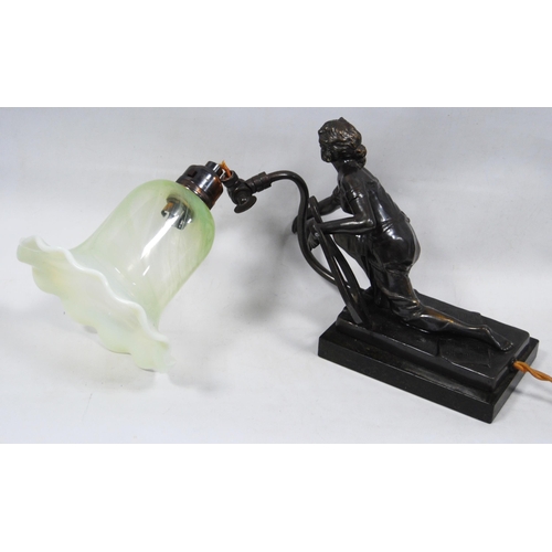 223 - Art Deco French bronze table lamp modelled as La Melodie kneeling beside a harp, on stepped bronze a... 