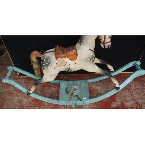 224 - Vintage painted wood dapple grey rocking horse fixed to a painted cradle, with loose stirrups, 91cm ... 