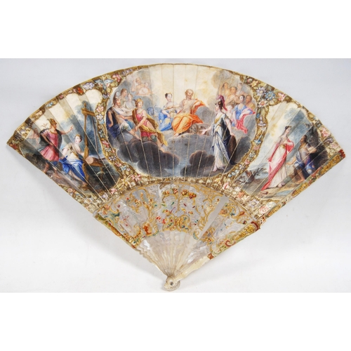 225 - 18th century French fan decorated with mythical gods and figures within foliage, gilt border to the ... 