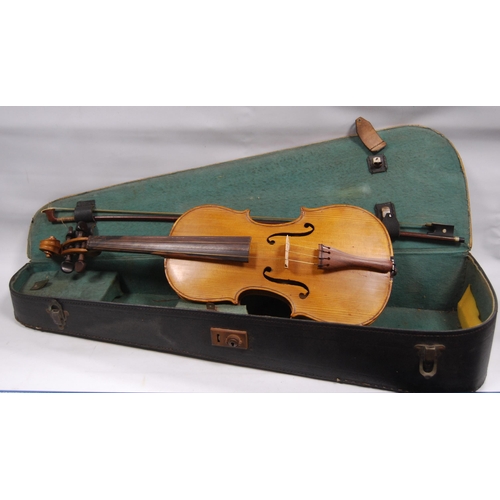 226 - Antique French violin, two-piece back, specimen wood finger board, stamped Aubert to the bridge, app... 