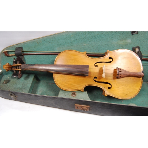 226 - Antique French violin, two-piece back, specimen wood finger board, stamped Aubert to the bridge, app... 