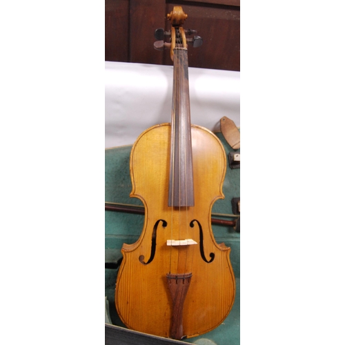 226 - Antique French violin, two-piece back, specimen wood finger board, stamped Aubert to the bridge, app... 