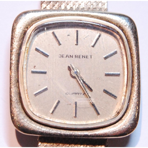 128 - Lady's 9ct gold Jean Renet quartz wristwatch, the square dial with baton markers, on 9ct gold flexib... 