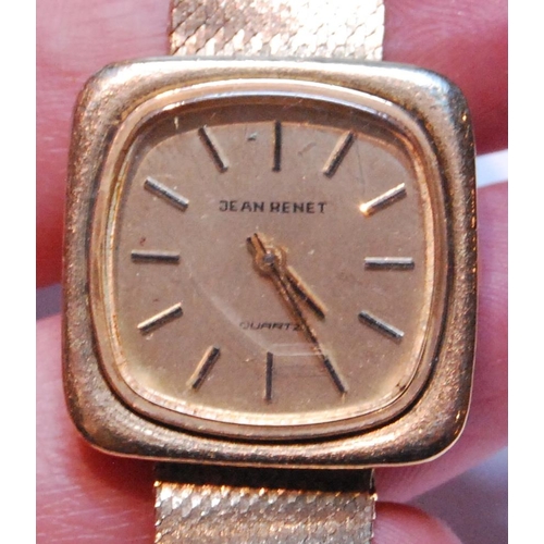 128 - Lady's 9ct gold Jean Renet quartz wristwatch, the square dial with baton markers, on 9ct gold flexib... 