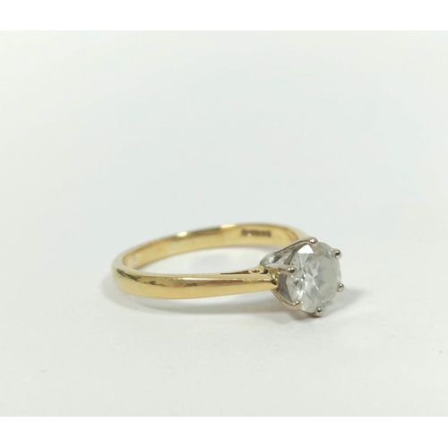 15 - Diamond solitaire ring with brilliant approximately 1ct in 18ct gold, size 'R'