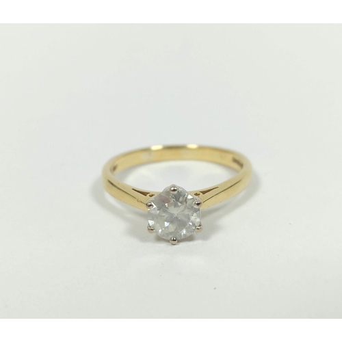 15 - Diamond solitaire ring with brilliant approximately 1ct in 18ct gold, size 'R'