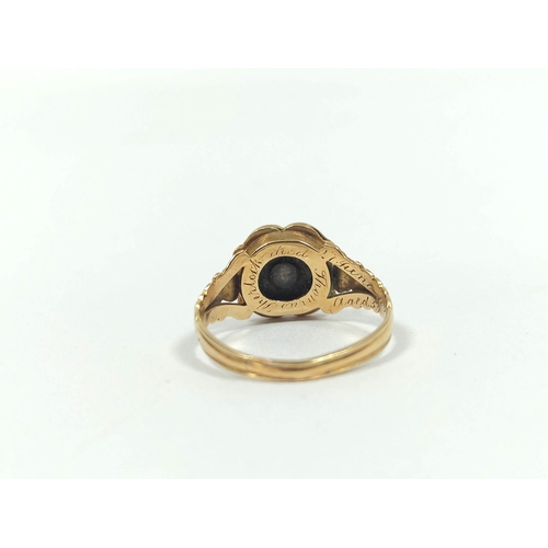 23 - Victorian 18ct gold mourning ring with diamond brilliant collet on black enamel with scroll border i... 