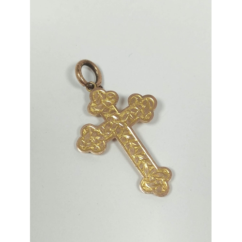 33 - Gold engraved cross and two medallions all 9ct. 12.7g.