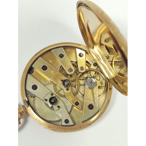 35 - Geneva cylinder watch with engraved gold dial and o.f. case '18k' 37mm Gross 34g.