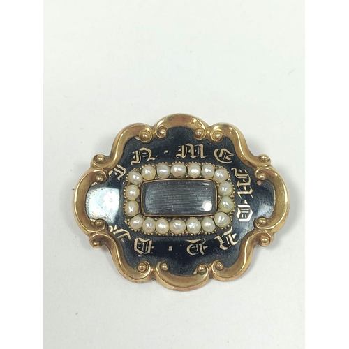 37 - Victorian gold mourning brooch with pearls and black enamel, inscribed and dated 1840.