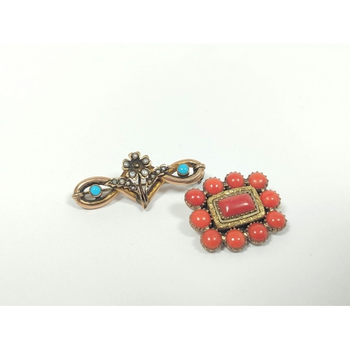 41 - Georgian coral brooch and another with turquoise and pearls, both gold.