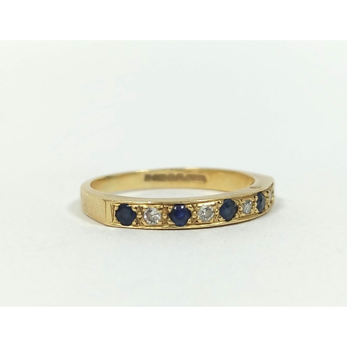 48 - Sapphire and pearl half eternity ring in 18ct gold 2.5g. Size 'K'