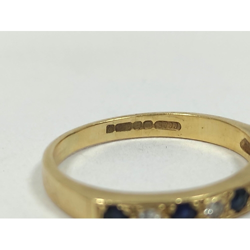 48 - Sapphire and pearl half eternity ring in 18ct gold 2.5g. Size 'K'