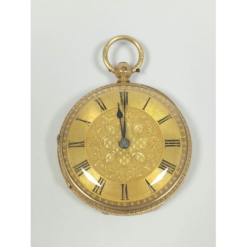 68 - Lever watch unsigned full plate with gold engraved dial and 18ct open face case 1868. 11g without mo... 