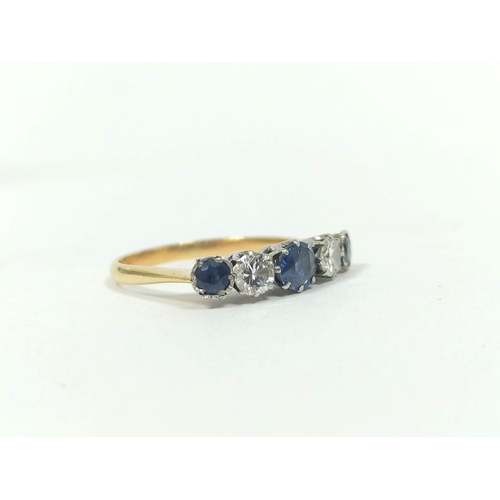 71 - Diamond and sapphire five stone ring, two brilliants approximately .3ct in gold and platinum. Size '... 