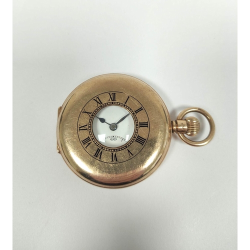 83 - Swiss keyless lever watch for Benson London, in 9ct gold, half hunter case, 1930