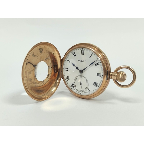 83 - Swiss keyless lever watch for Benson London, in 9ct gold, half hunter case, 1930