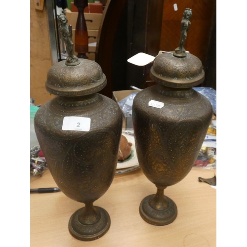 2 - Pair of brass Eastern temple urns.