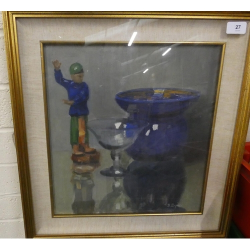 27 - K Byers (20th century British)Still life of figurine, glass and vase. Oil on board framed under... 