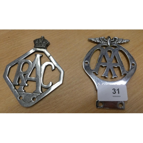 31 - Two vintage chrome car badge AA and another RAC
