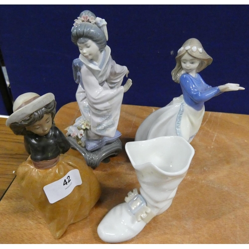 42 - Three porcelain figures, and porcelain boot. (4).