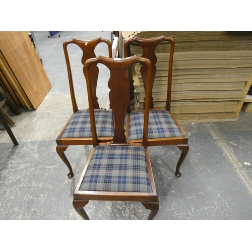 68 - Set of three mahogany  dining chairs with slip in tartan seats.