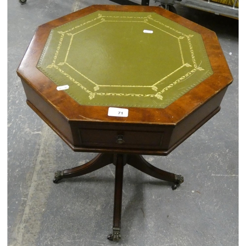 71 - Small reproduction leather top drum table.