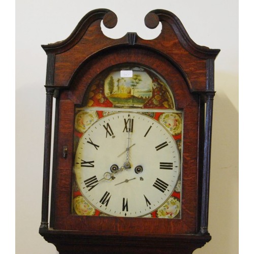 167 - Early 19th century eight day stained wood longcase clock with painted 14in dial, weights and pendulu... 