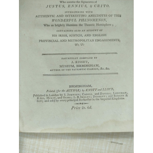 78 - BISSET J.  Critical Essays on the Dramatic Excellencies of Young Roscius by Gentlemen of Distinguish... 