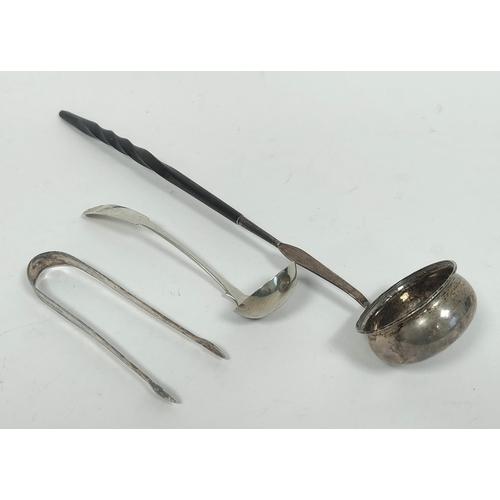 11 - Georgian silver toddy ladle with inset coin 1758, a Scottish ladle and a sugar tongs, c1790, possibl... 