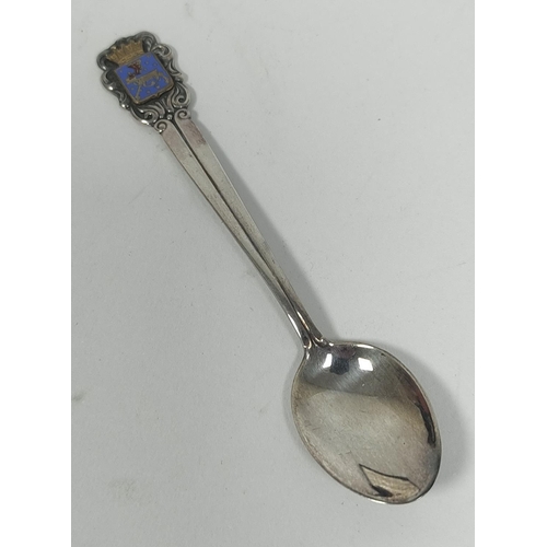 16 - Set of twelve Swedish silver coffee spoons with crested enamel terminals, cased, 52g.