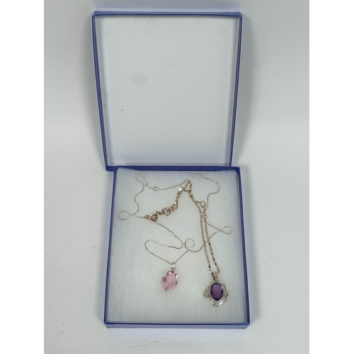 63 - Pink Kunzite pendant and another, amethyst both on silver necklets.