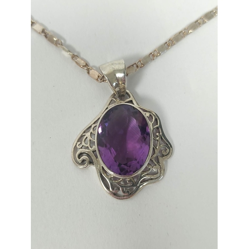 63 - Pink Kunzite pendant and another, amethyst both on silver necklets.