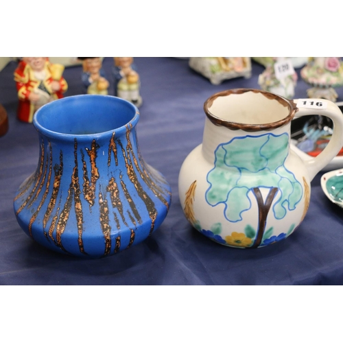 116 - Mettana jug with Clarice Cliff style decoration, and a drip-glazed blue ground vase.