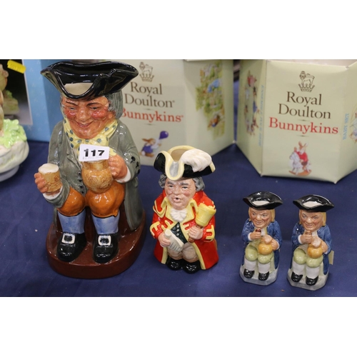 117 - Two Royal Doulton toby jugs to include The Town Crier, and two Kevin Francis Ceramics toby jugs, and... 