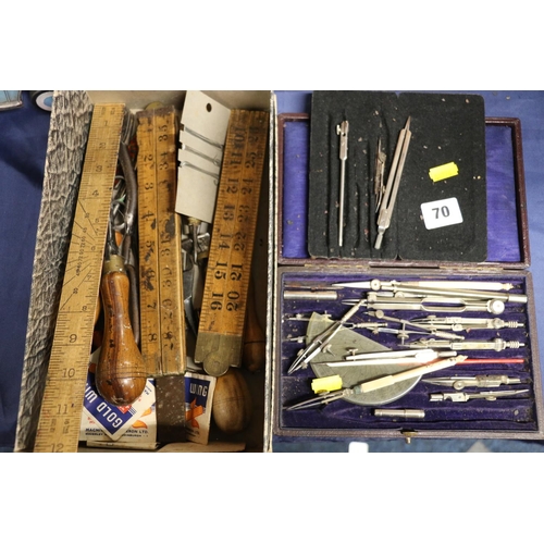 70 - Cased draughtsman's set, and vintage tools to include treen rules, etc.