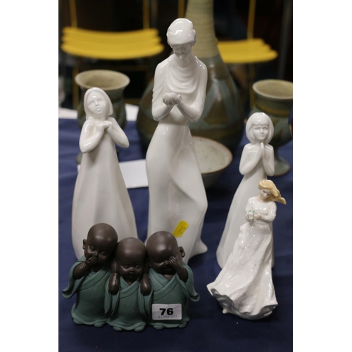 76 - Four Royal Doulton figurines and a composite model of three oriental children.