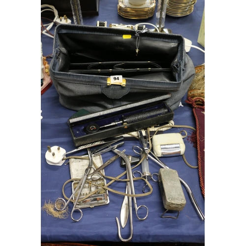 94 - Gladstone bag and doctors' equipment.