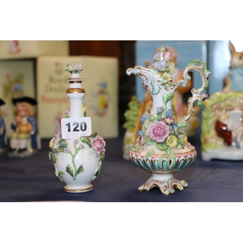 120 - Continental porcelain floral encrusted ewer, 15cm, and a similar scent bottle, both indistinctly mar... 